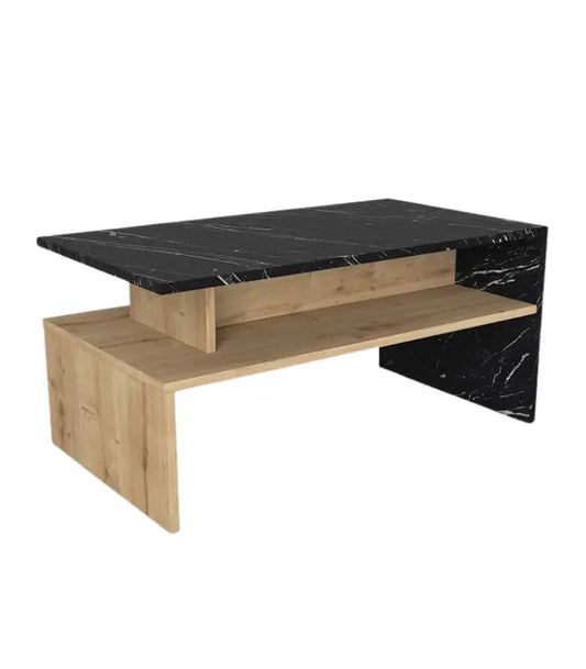 Table Basse Marbre & Bois Asymétrique – Élégance Sculpturale