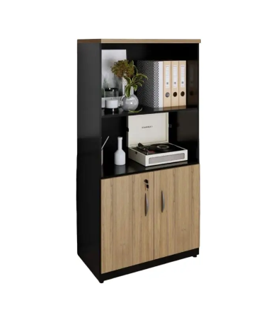 Meuble de rangement bois & noir – avec étagère ouverte et placard bas