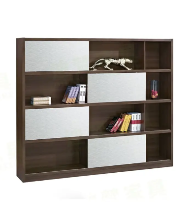 Bibliothèque graphique bois foncé et blanc – Rangement design pour bureau ou salon