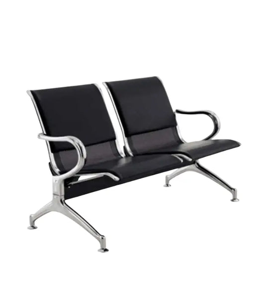 Banquette 2 Places – Cuir Noir & Dossier Aéré, Structure Métallique Argentée