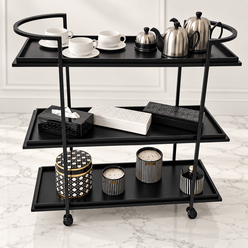 Desserte design ALDOR à trois plateaux en verre noir, structure en fer noir et poignées arrondies – MOTAKAF