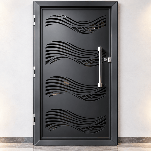 Porte d'entrée ALIZÉ en fer peint en noir avec quatre motifs ondulants et poignée métallique verticale – MOTAKAF