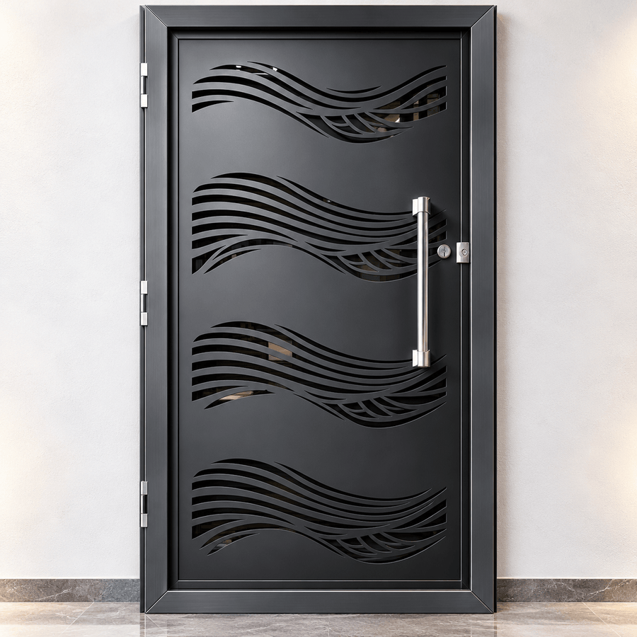 Porte d'entrée ALIZÉ en fer peint en noir avec quatre motifs ondulants et poignée métallique verticale – MOTAKAF
