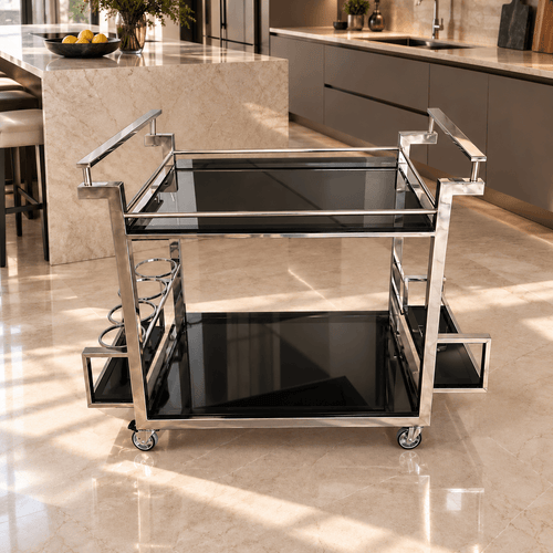 Desserte design ASTREL avec structure en métal brillant et deux plateaux en verre noir – MOTAKAF