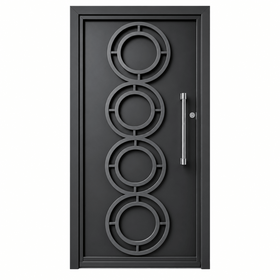 Porte d'entrée CÉLESTE en acier galvanisé peint en noir avec quatre compositions circulaires – MOTAKAF