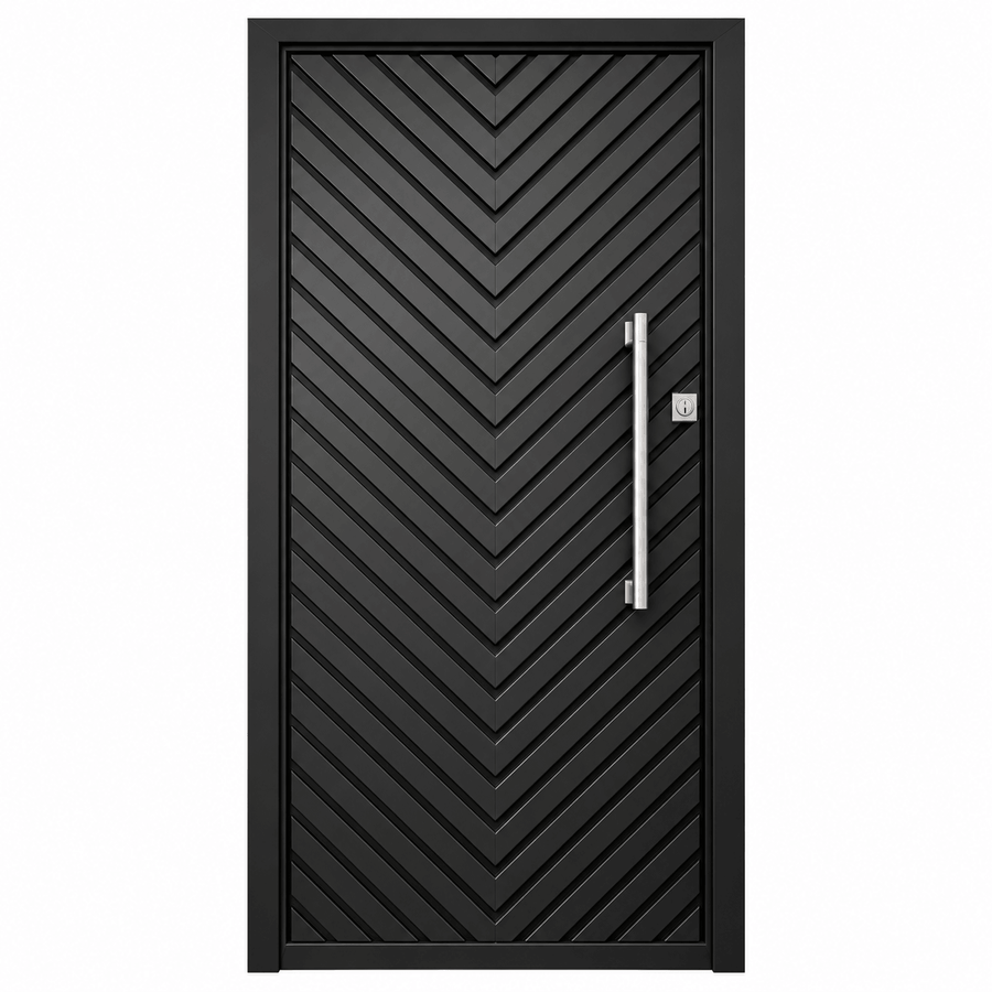 Porte AXIOME en fer peint en noir avec encadrement rectangulaire et poignée métallique droite