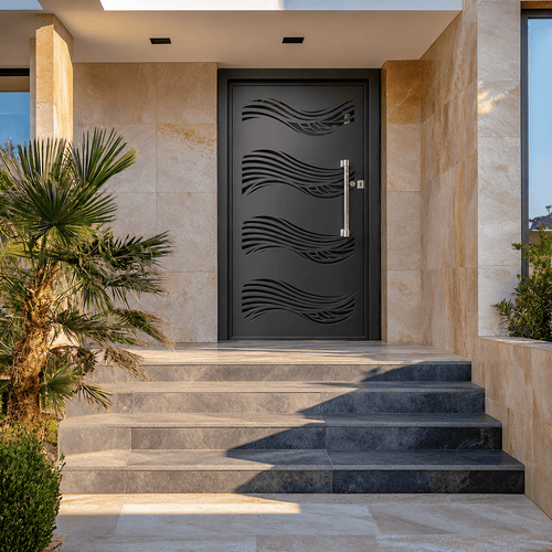 Porte métallique ALIZÉ en fer noir avec lignes courbes inspirées du mouvement du vent